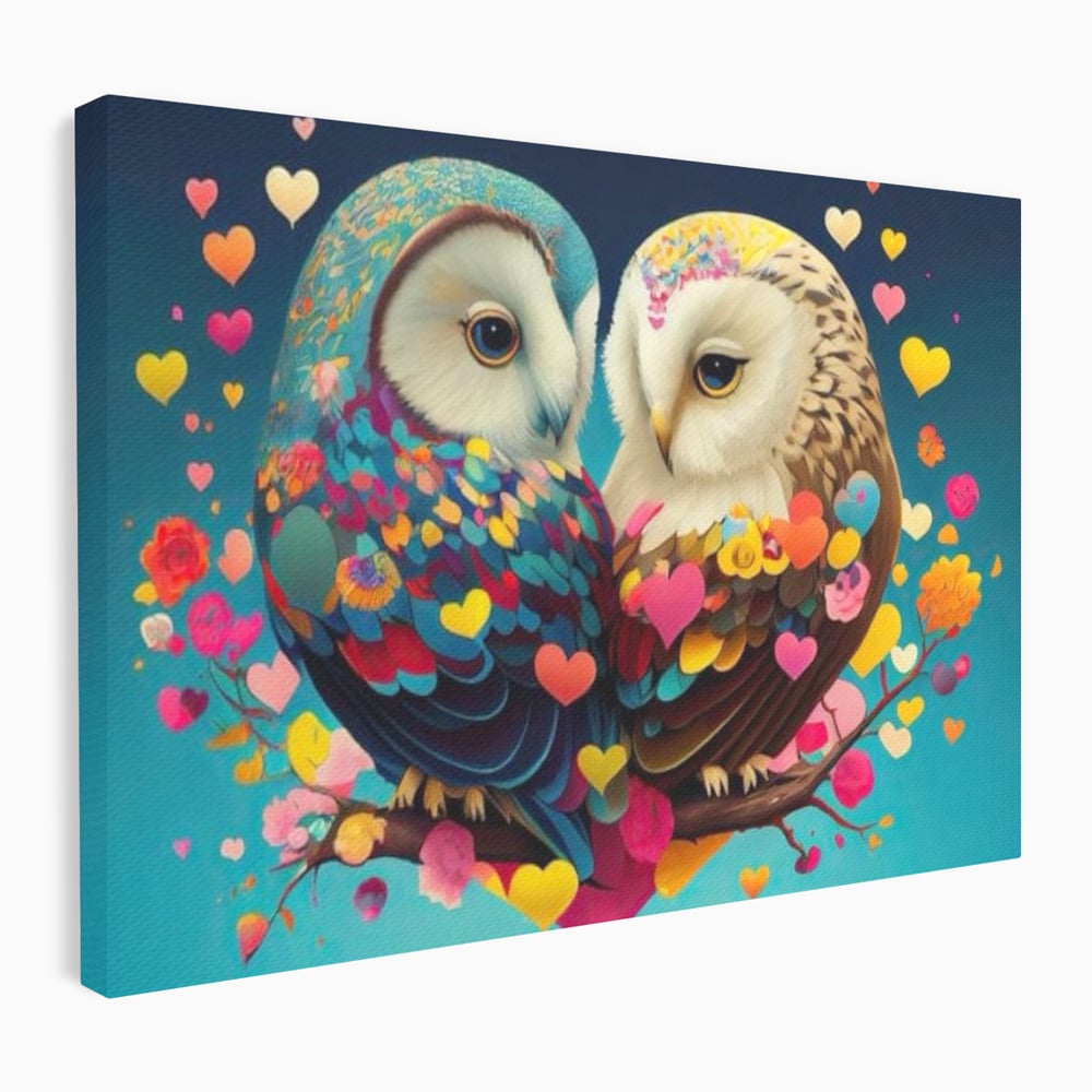 Tablou canvas cu tablou canvas cu doua bufnite colorate si inimi, fara rama, pe sasiu de lemn